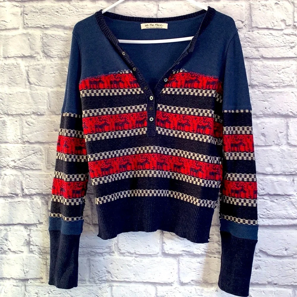 We The Free Navy Blue and Red Striped Scoop Neck Sweater